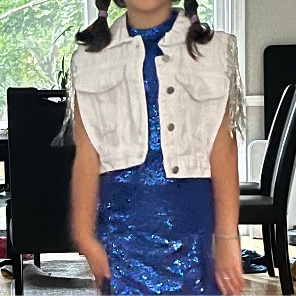 Jean vest jacket fringe silver disco cowgirl bachelorette - Picture 5 of 6